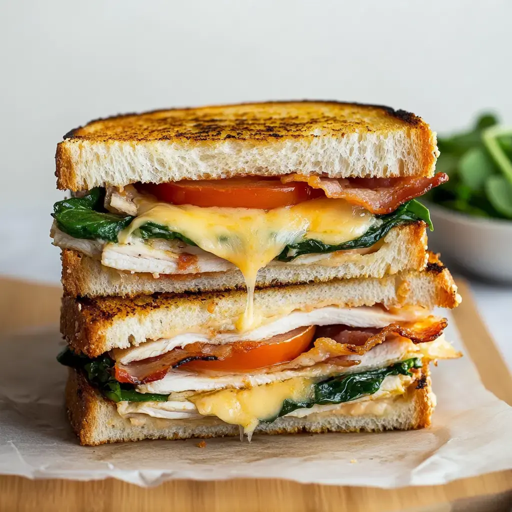 A stacked sandwich filled with turkey, spinach, tomato, bacon, and melted cheese, served on toasted bread.