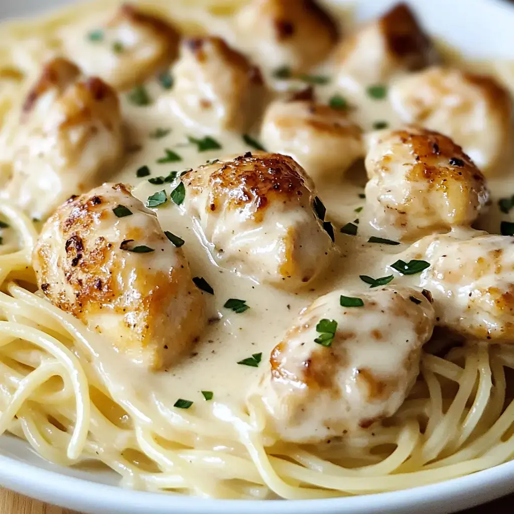 A plate of spaghetti topped with creamy sauce and lightly browned pieces of chicken, garnished with chopped parsley.