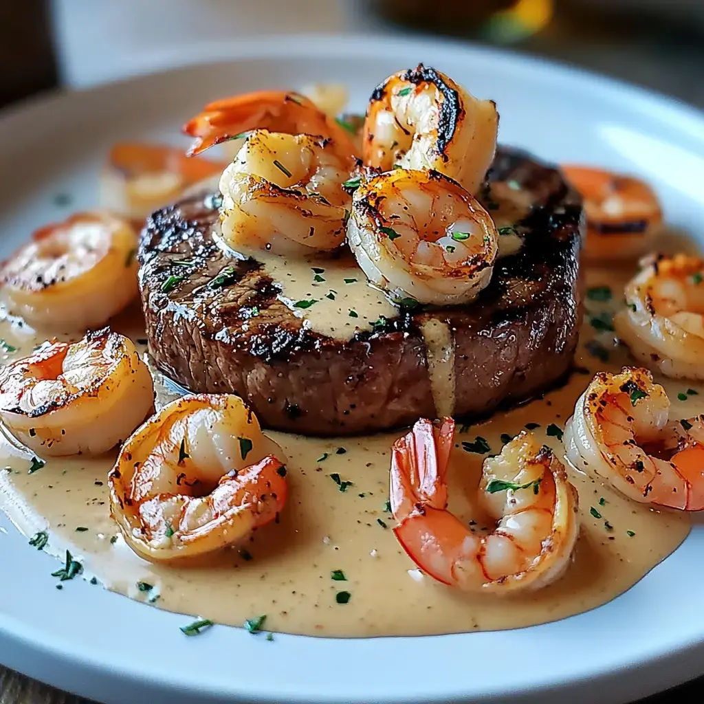 A grilled steak topped with sautéed shrimp and drizzled with a creamy sauce, garnished with parsley on a white plate.