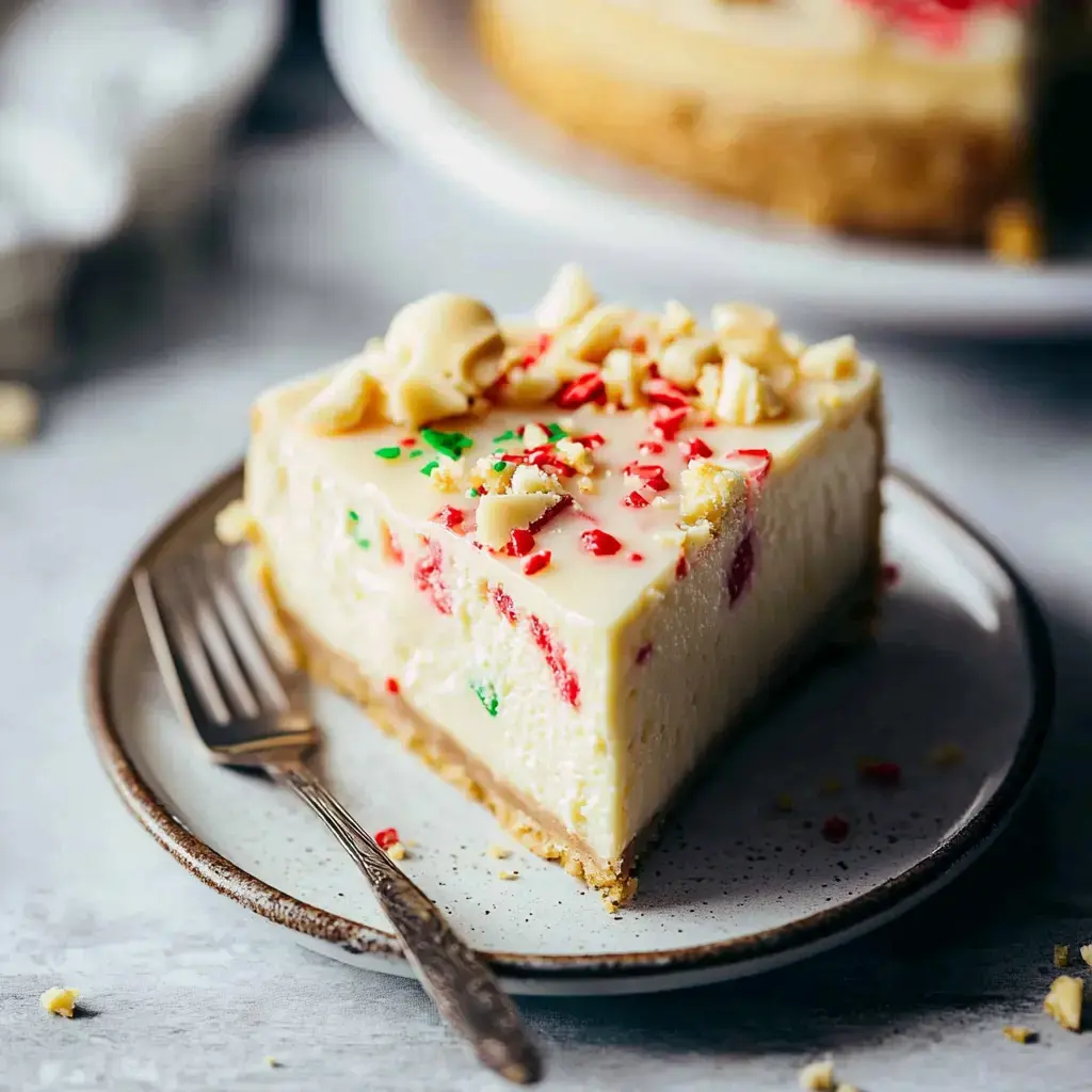 A slice of cheesecake topped with colorful sprinkles and crushed cookies, displayed on a plate with a fork beside it.