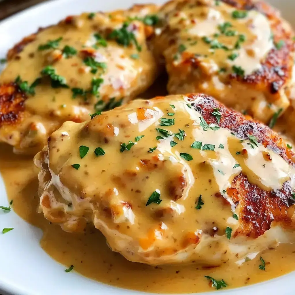 A close-up of two pieces of chicken topped with creamy sauce and garnished with fresh green parsley on a white plate.