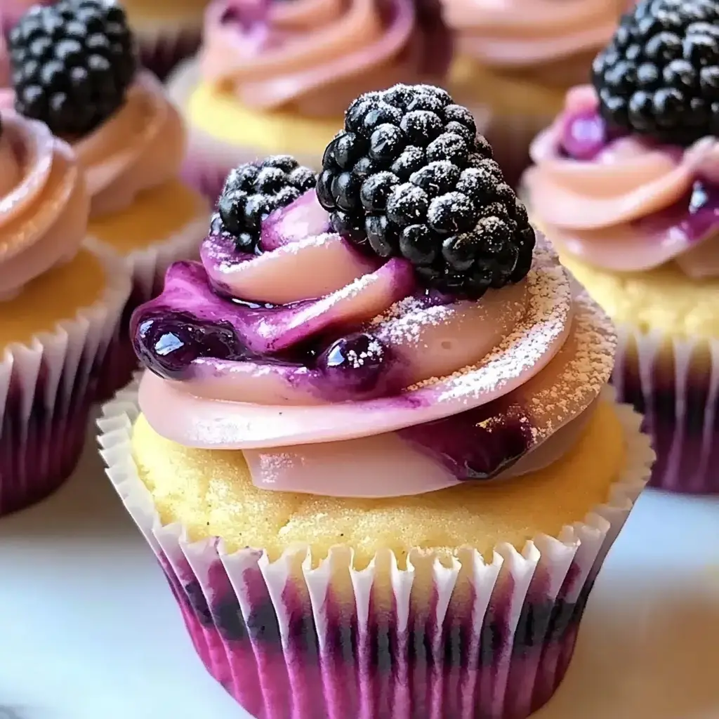 A close-up of beautifully decorated cupcakes topped with pink frosting, blackberry compote, and fresh blackberries.