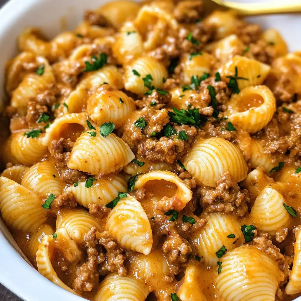 A close-up of a bowl of creamy pasta with shell-shaped noodles and ground meat, garnished with fresh parsley.