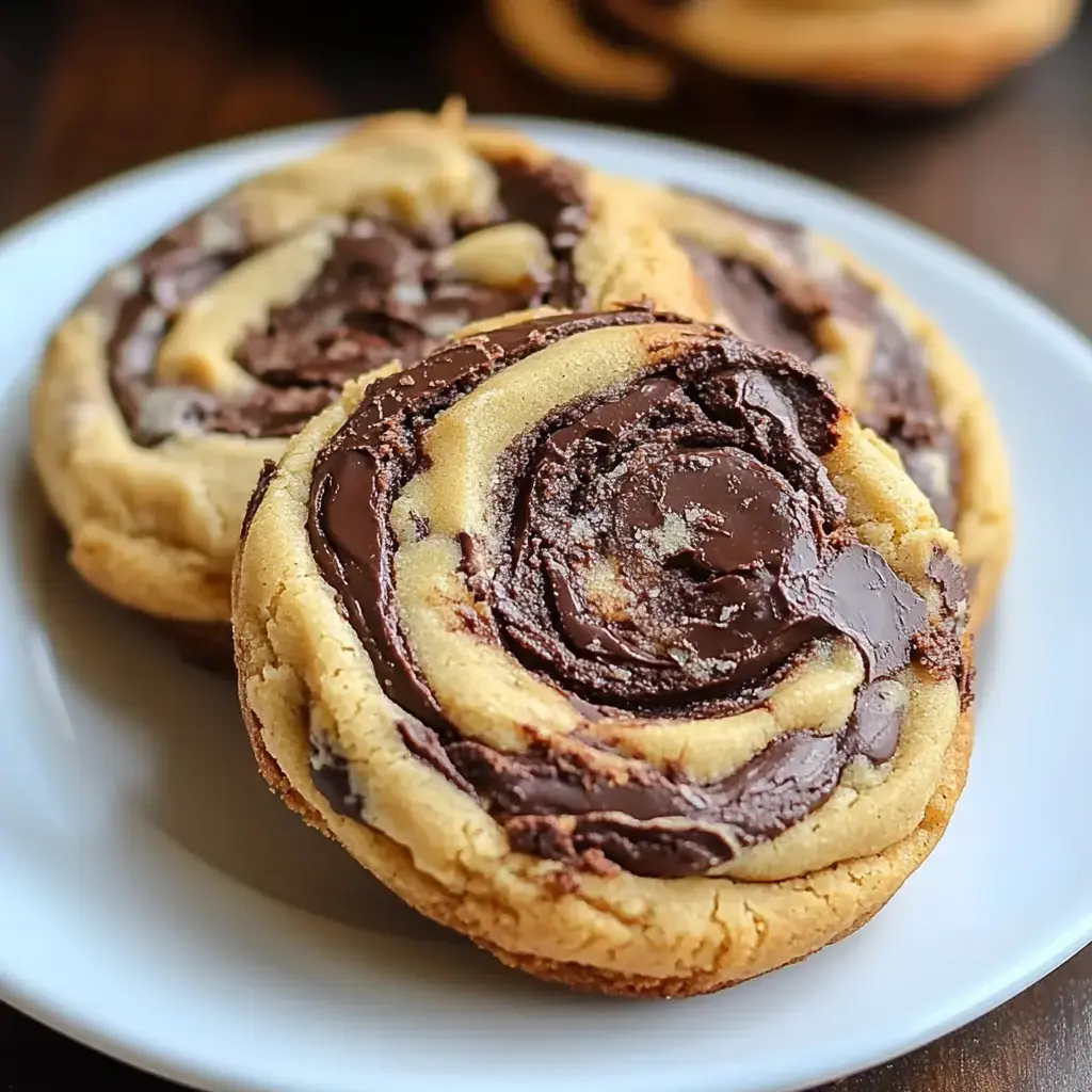 Two swirled chocolate chip cookies are placed on a white plate, showcasing a rich chocolate filling surrounded by golden cookie dough.