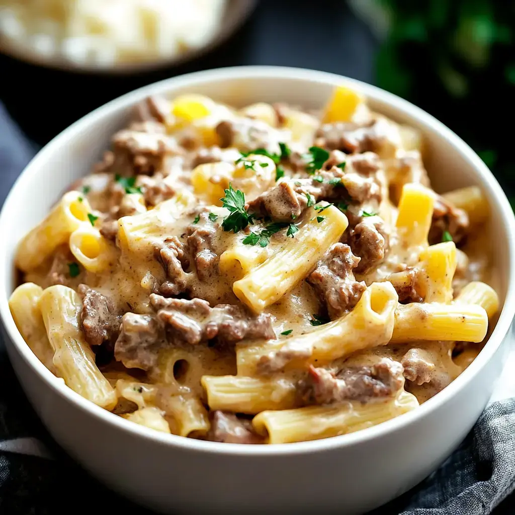 A bowl of creamy pasta with ground beef and garnished with parsley.