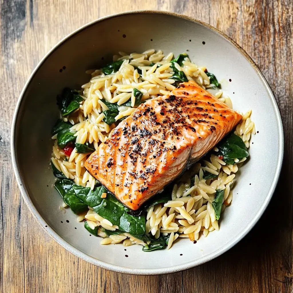 A portion of salmon rests on a bed of orzo pasta mixed with spinach, served in a beige bowl against a wooden surface.