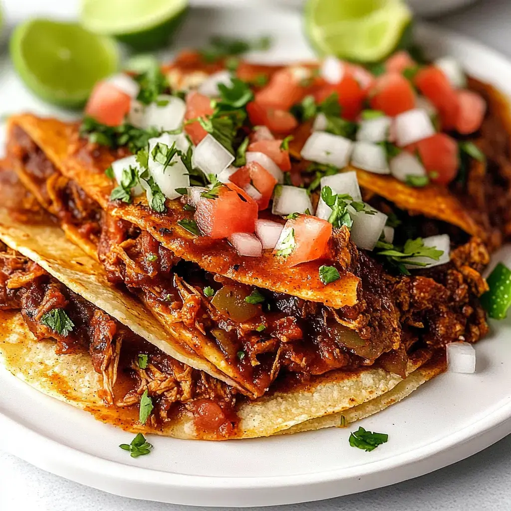 A plate of stacked tortillas topped with shredded meat, sauce, diced tomatoes, onions, and cilantro, accompanied by lime wedges.