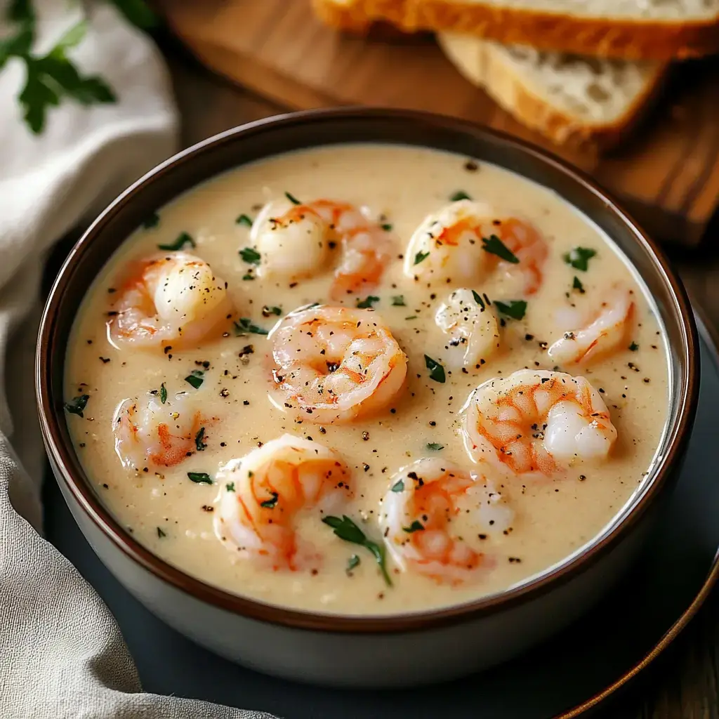 A bowl of creamy shrimp soup garnished with parsley, accompanied by slices of bread.