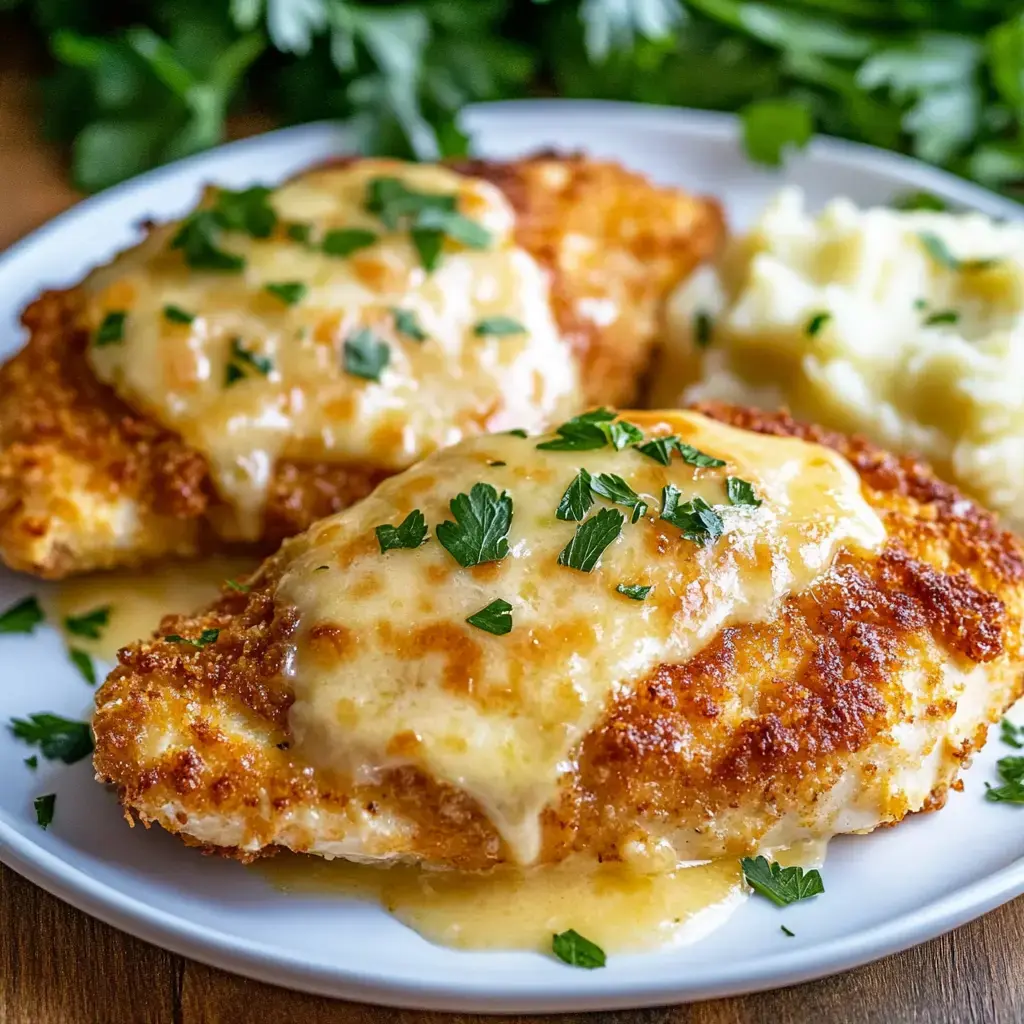 A plate of golden, crispy chicken topped with melted cheese and garnished with parsley, accompanied by a serving of mashed potatoes.