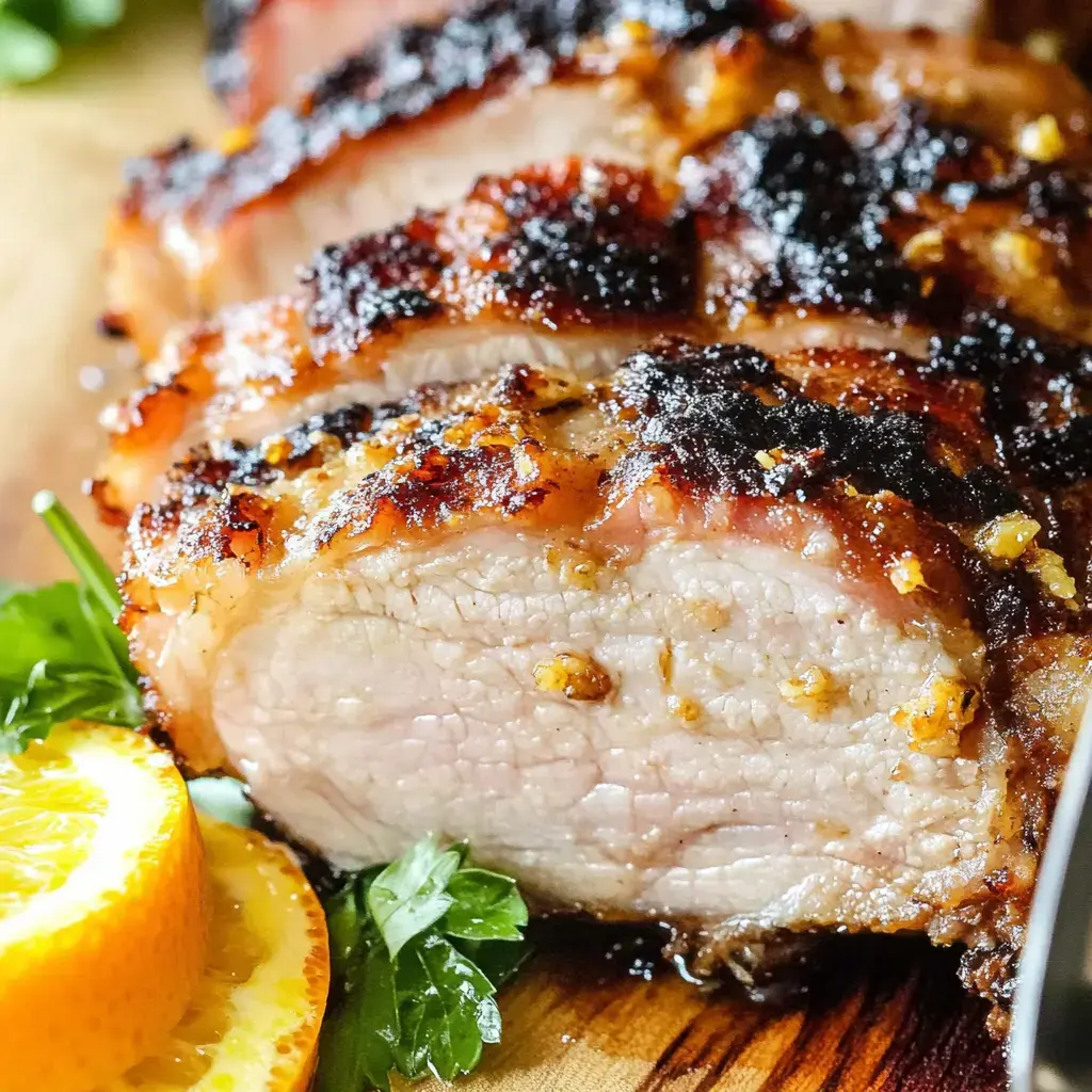 A close-up of sliced roasted pork, showcasing a crispy exterior with herbs and orange slices on the side.