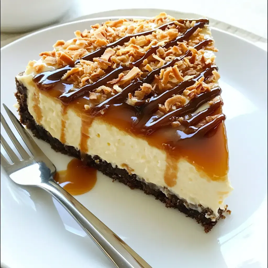 A slice of creamy cheesecake topped with shredded coconut and drizzled with caramel sauce, served on a white plate with a fork beside it.