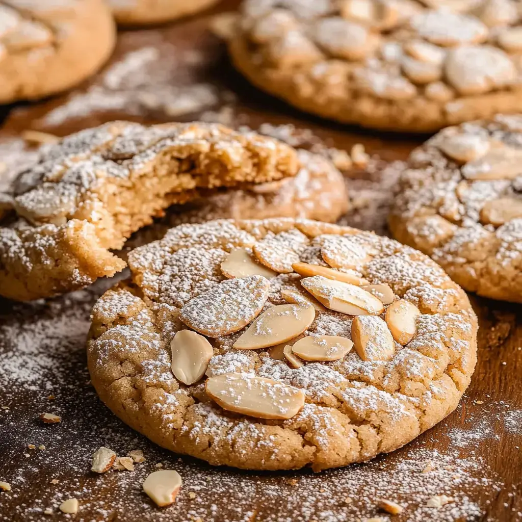 A close-up of almond cookies dusted with powdered sugar, with one cookie partially eaten, resting on a wooden surface.