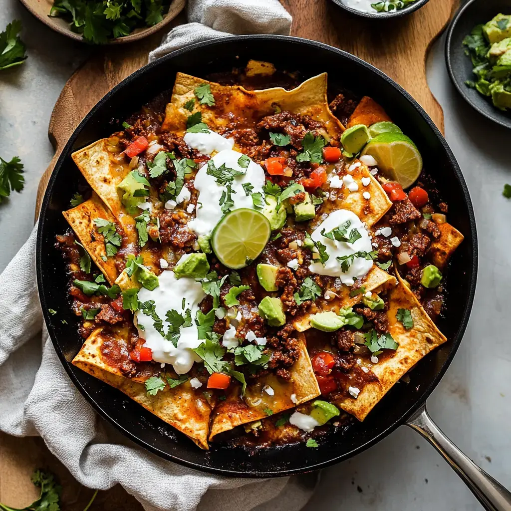 A skillet of nachos topped with ground meat, diced tomatoes, avocado, sour cream, and lime wedges, garnished with fresh cilantro.