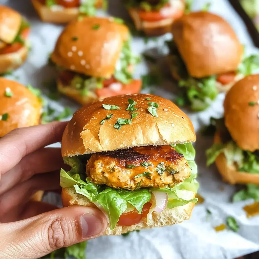 A hand holds a burger filled with lettuce, tomato, and a patty, with additional burgers in the background.