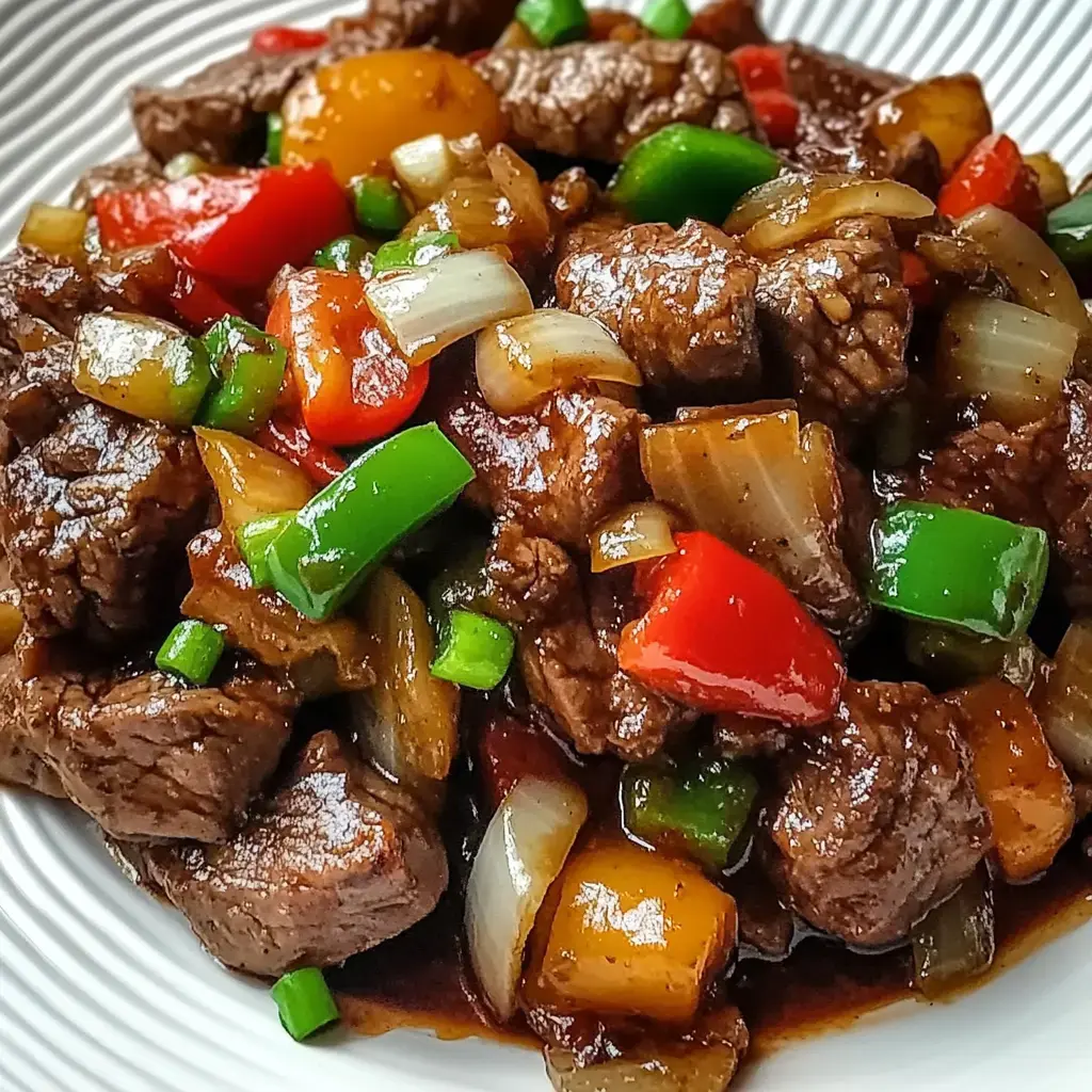 A close-up of a plate filled with stir-fried beef and colorful bell peppers, onions, and green onions in a savory sauce.