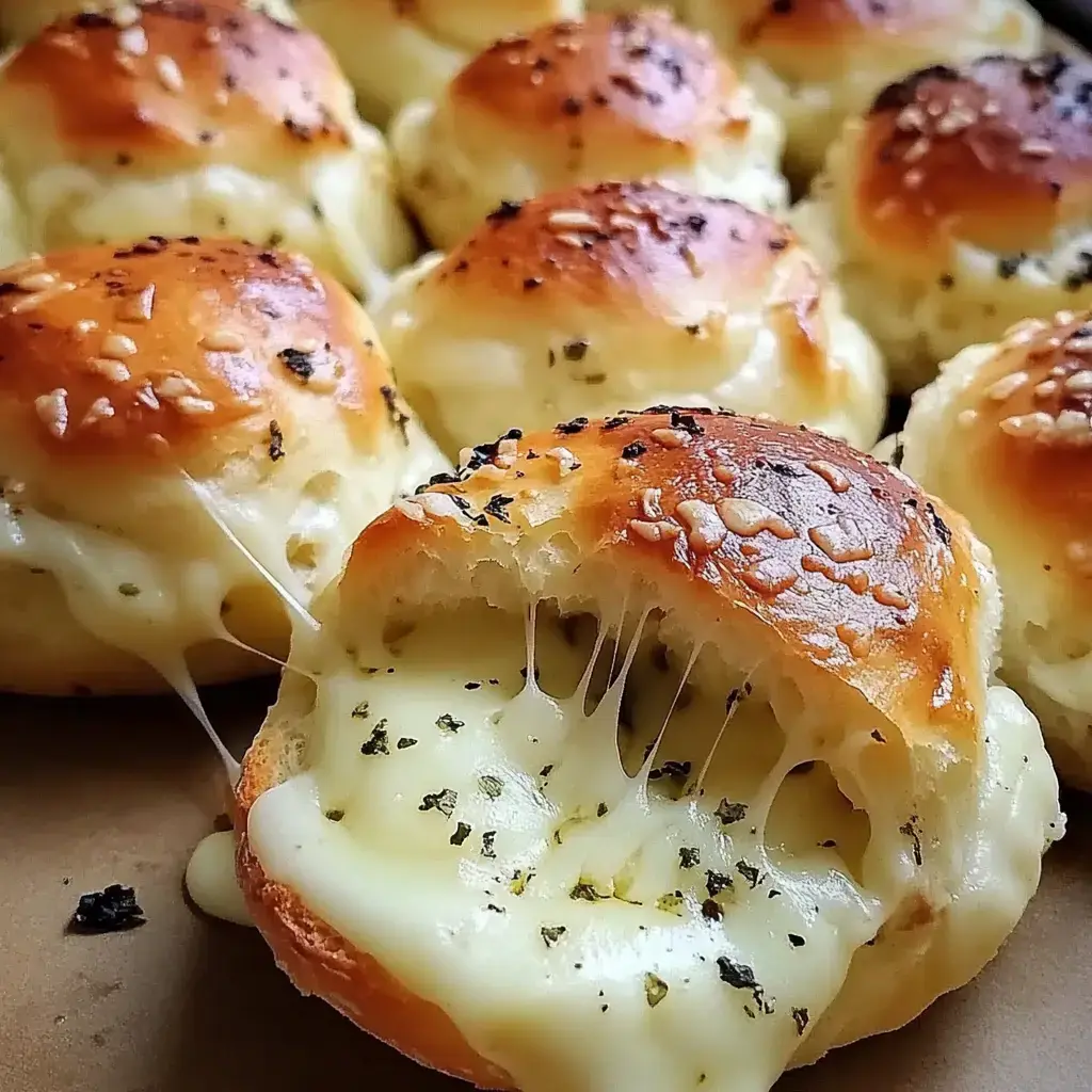 A close-up of freshly baked cheese-filled rolls with a golden-brown, crispy top and melted cheese stretching out from a partially bitten roll.