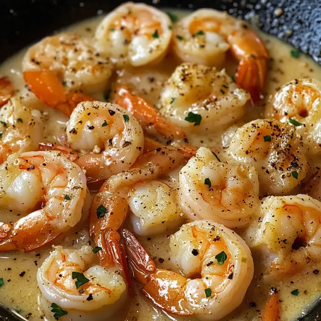 A close-up of shrimp sautéed in a creamy sauce, garnished with black pepper and parsley.