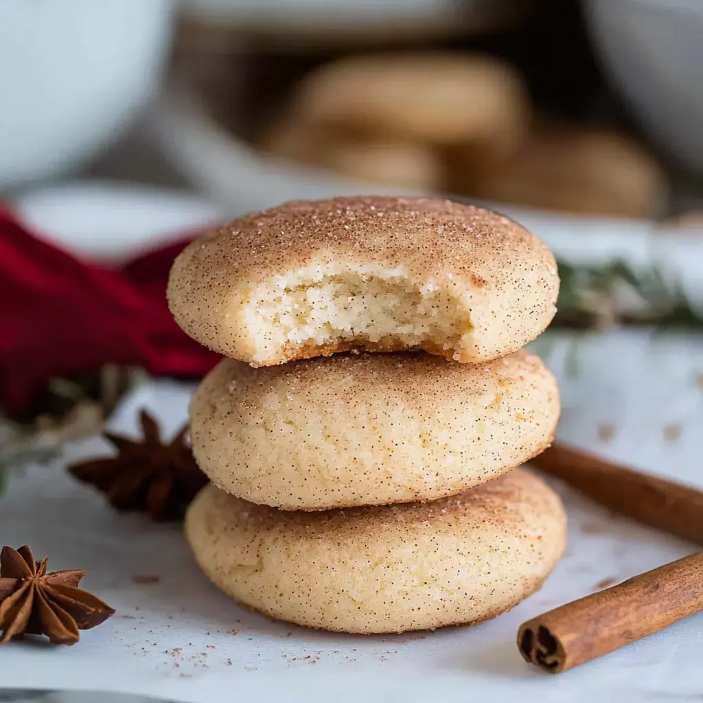 A stack of three snickerdoodle cookies, with the top cookie bitten into, surrounded by decorative elements like cinnamon sticks and star anise.