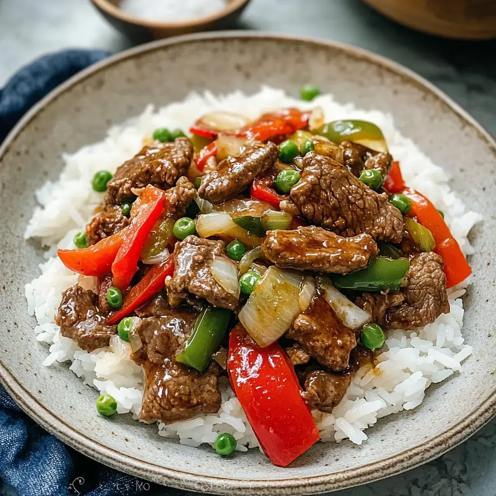 A plate of white rice topped with sautéed beef, red and green bell peppers, onions, and green peas in a savory sauce.