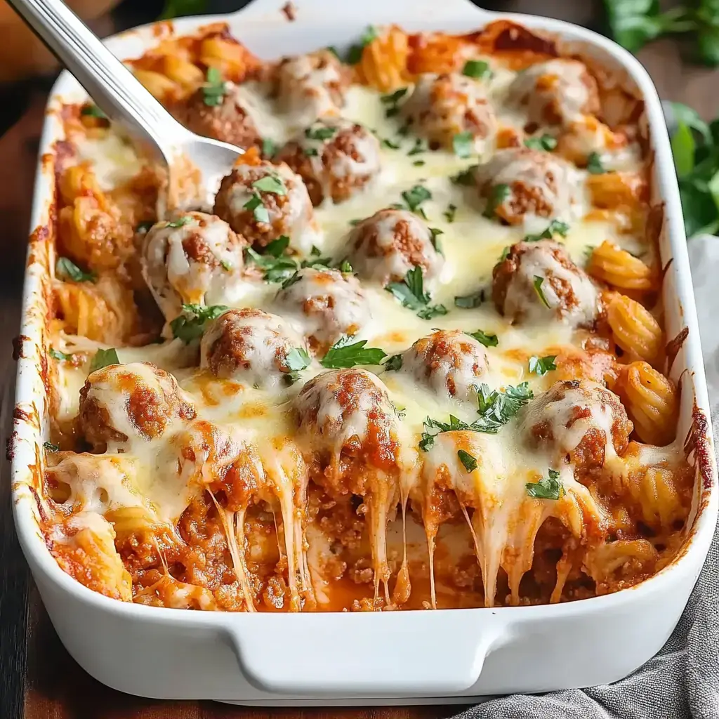 A serving dish filled with cheesy baked pasta topped with meatballs and garnished with parsley.