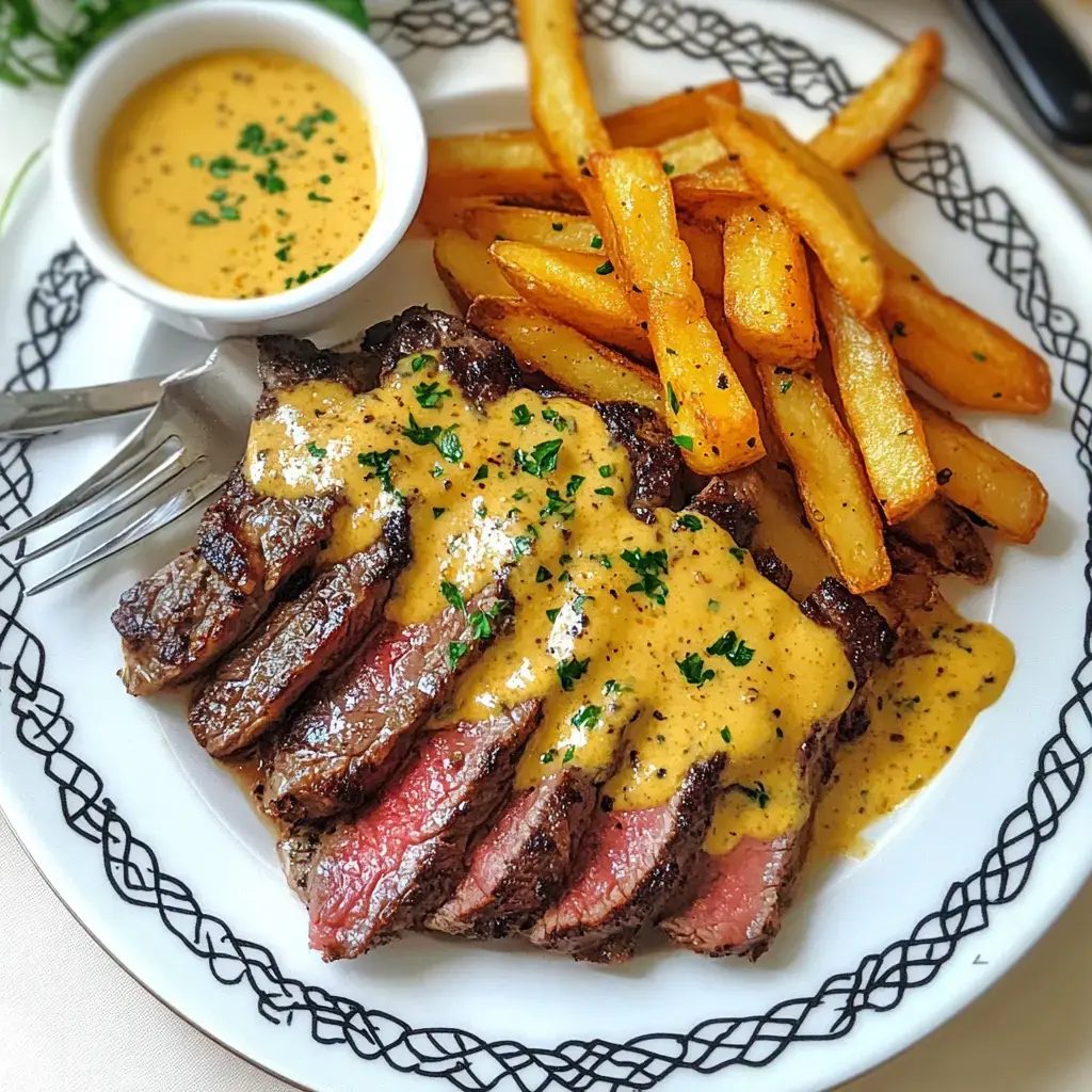 A plate of sliced steak topped with a creamy sauce, accompanied by golden French fries and a small bowl of sauce.