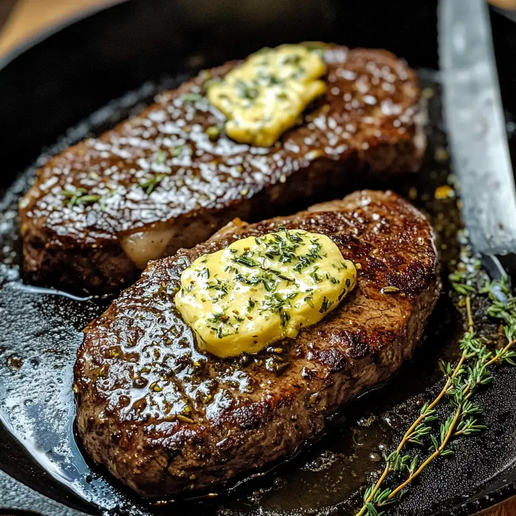 Two perfectly cooked steaks topped with herb butter sit on a cast iron skillet, garnished with fresh thyme.