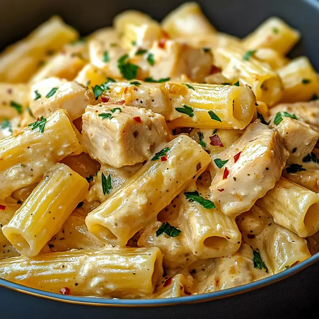 A creamy pasta dish with rigatoni, chunks of chicken, and parsley, garnished with red pepper flakes.