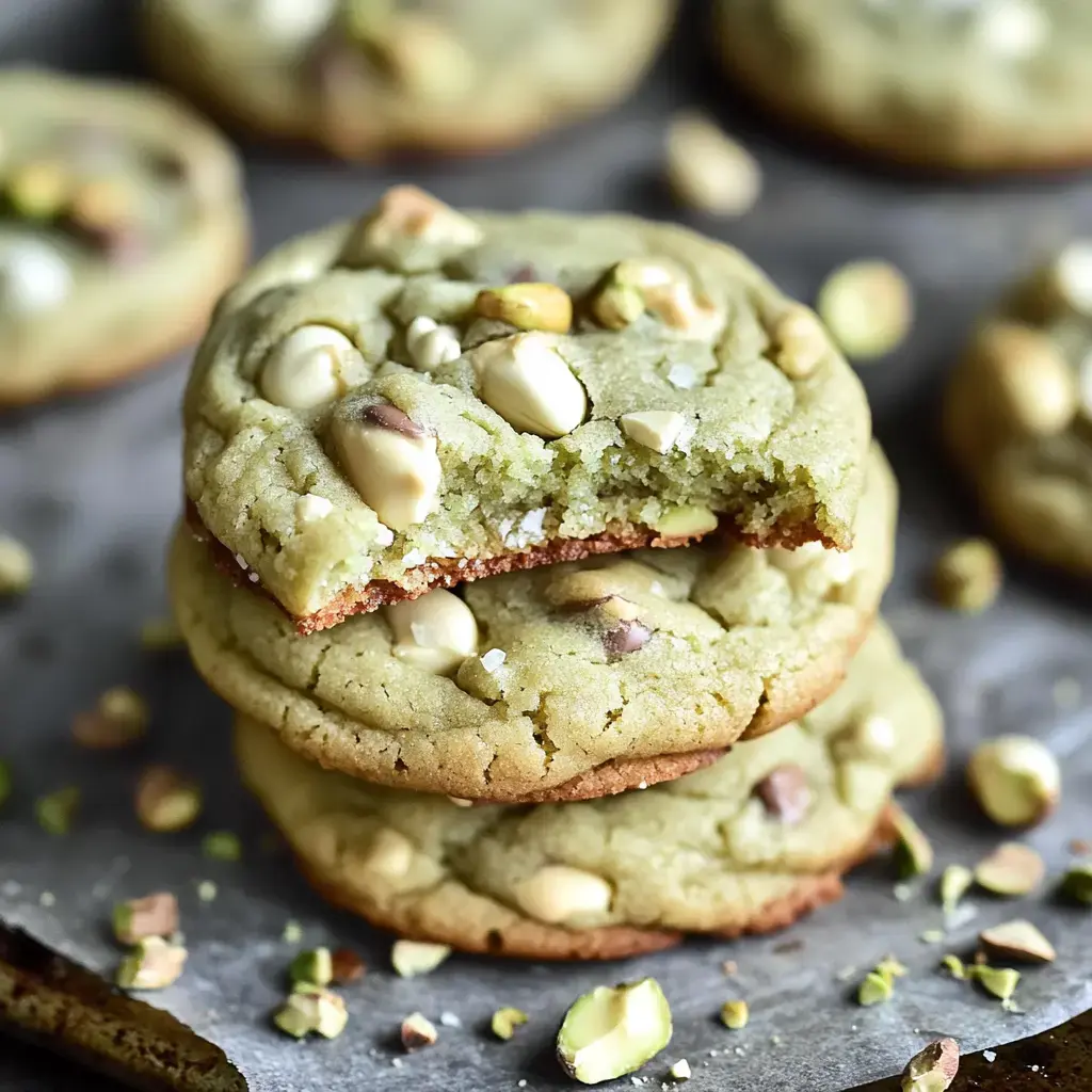 A stack of green cookies with white chocolate chips and chopped pistachios, one cookie has a bite taken out of it, set on a parchment-lined surface with scattered pistachio pieces.