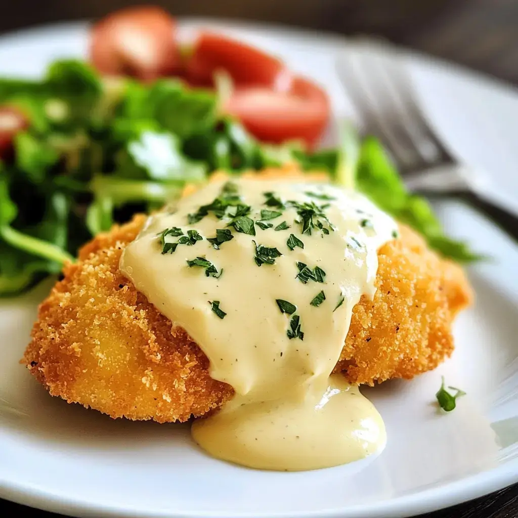 A plate features a breaded chicken cutlet topped with creamy sauce and garnished with parsley, accompanied by a side salad with cherry tomatoes.