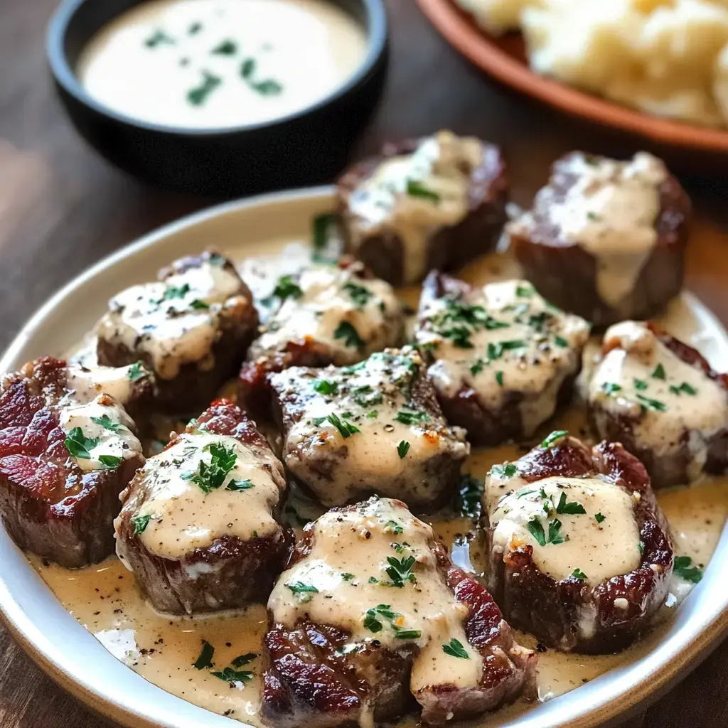 A plate of beef medallions topped with creamy sauce and garnished with parsley, accompanied by a bowl of similar sauce in the background.