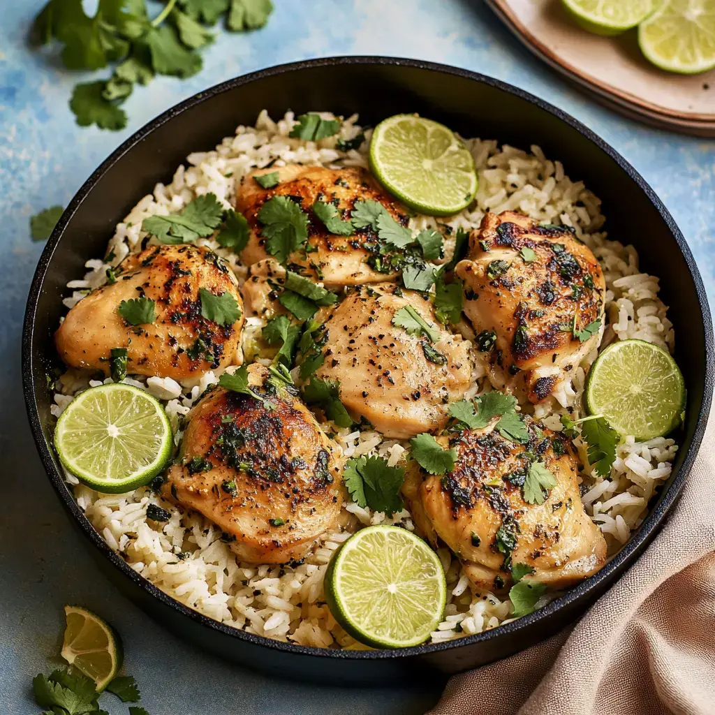 A dish of grilled chicken thighs served on a bed of rice, garnished with fresh cilantro and lime slices.