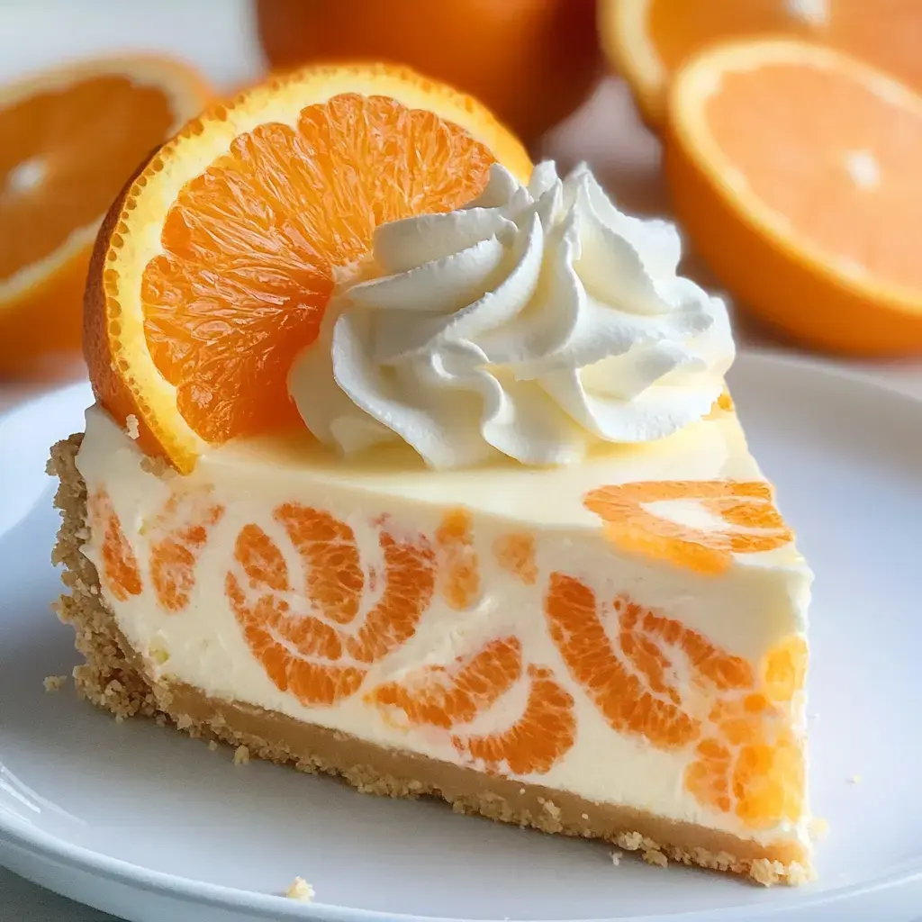 A slice of creamy orange cheesecake topped with whipped cream and an orange slice, with whole oranges in the background.