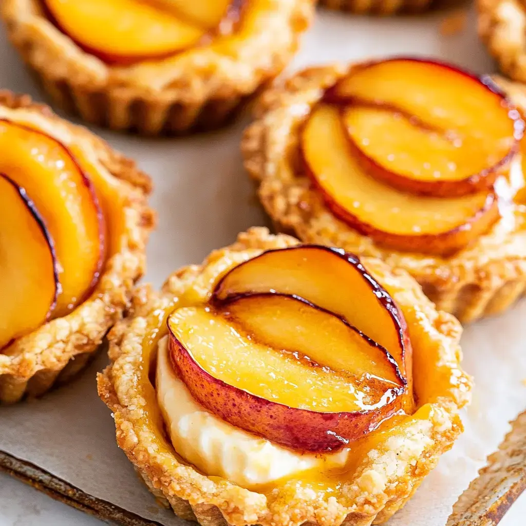 A close-up of individual fruit tarts with golden-brown crusts filled with cream and topped with glossy slices of peach.