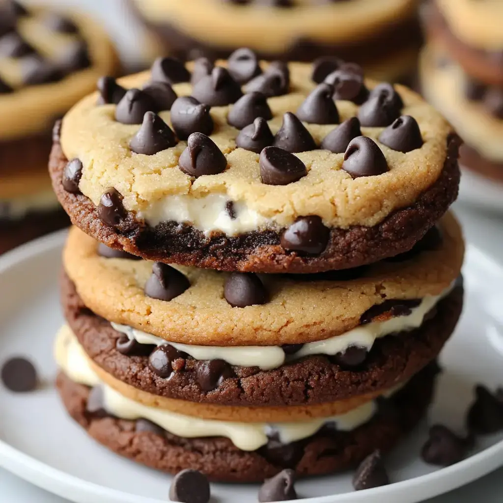 A stack of three cookie sandwiches filled with cream, topped with chocolate chips.