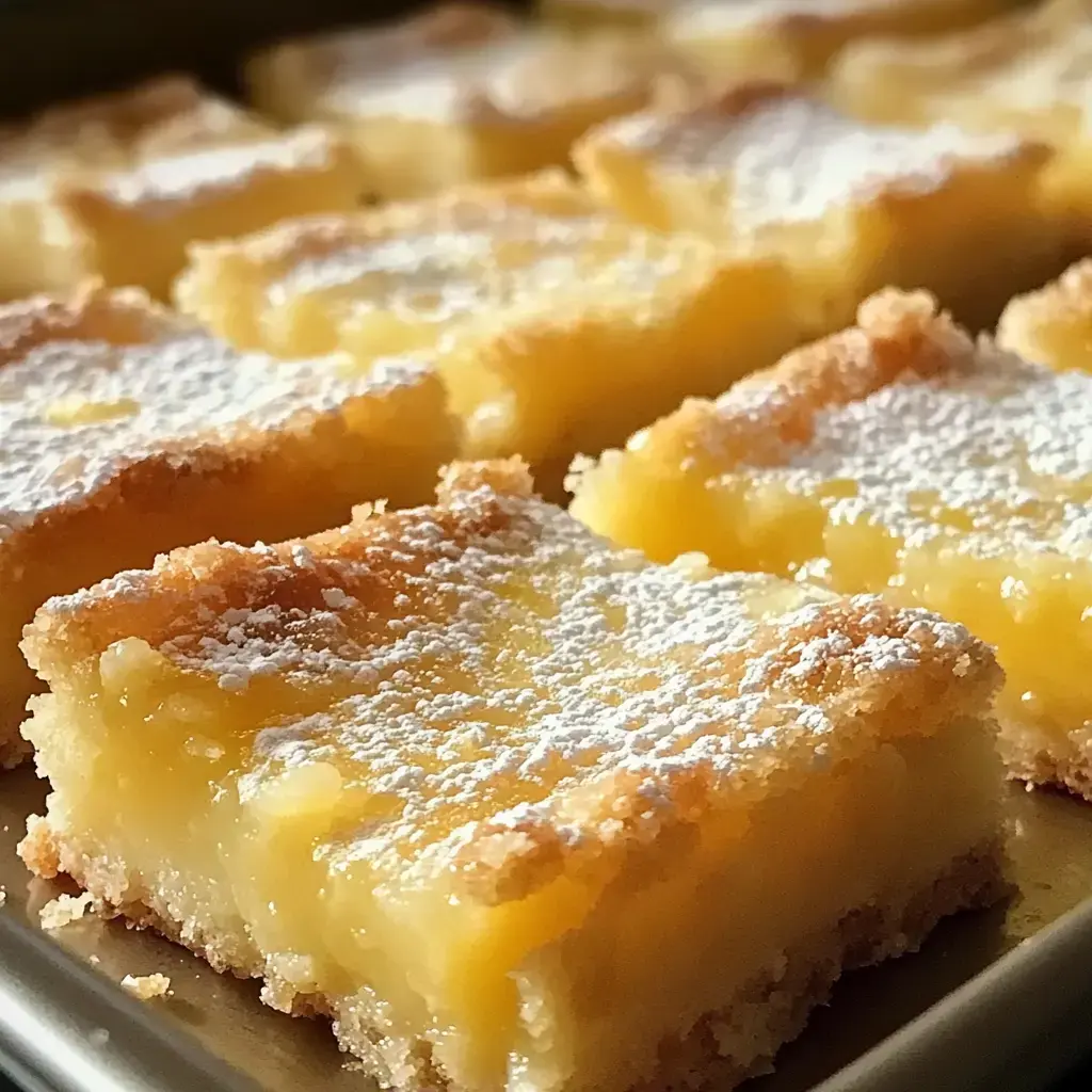 A close-up of freshly baked lemon bars dusted with powdered sugar, arranged in a rectangular tray.