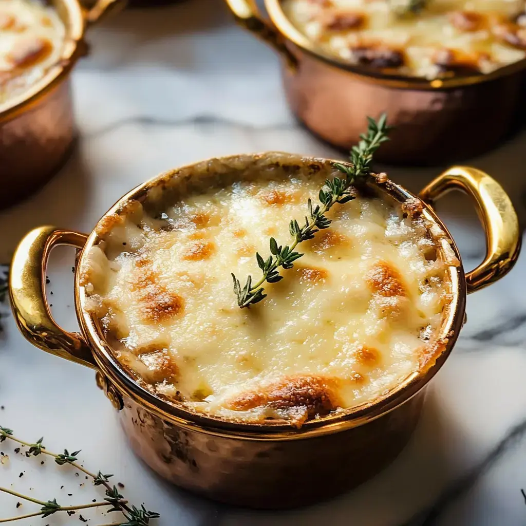 A close-up of a copper dish filled with golden, bubbly cheese, topped with a sprig of thyme.