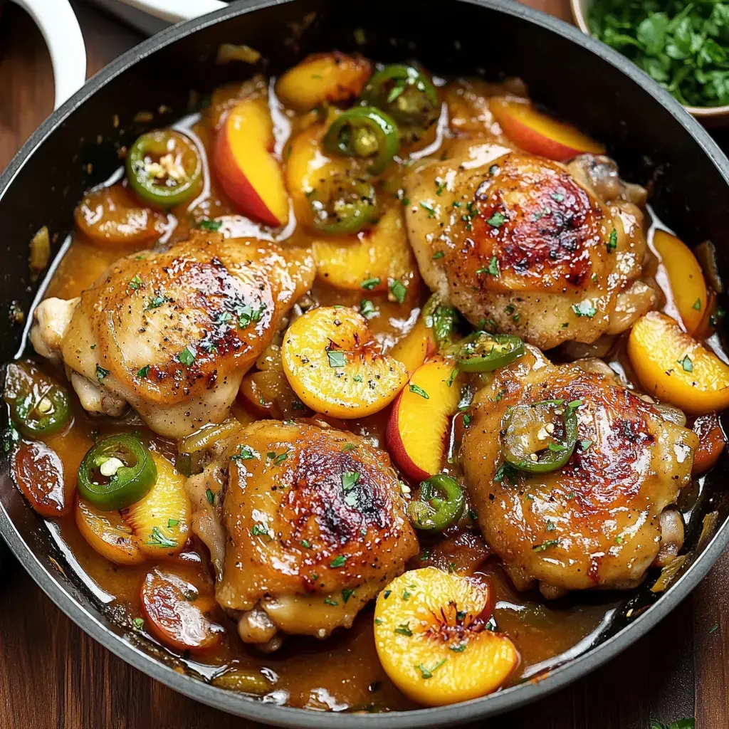 A skillet filled with juicy chicken thighs garnished with green peppers and surrounded by slices of peaches in a savory sauce.