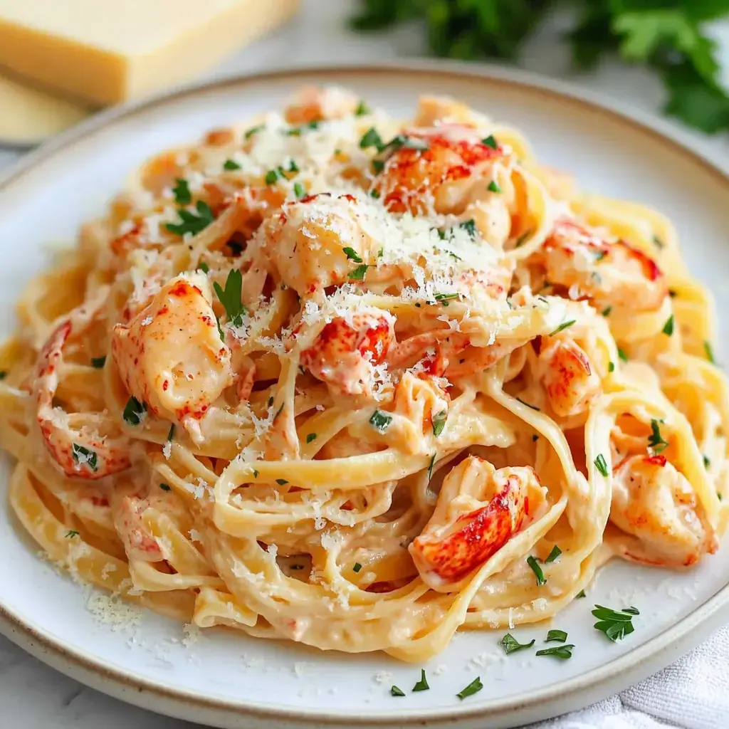 A plate of creamy lobster fettuccine garnished with parsley and grated cheese.