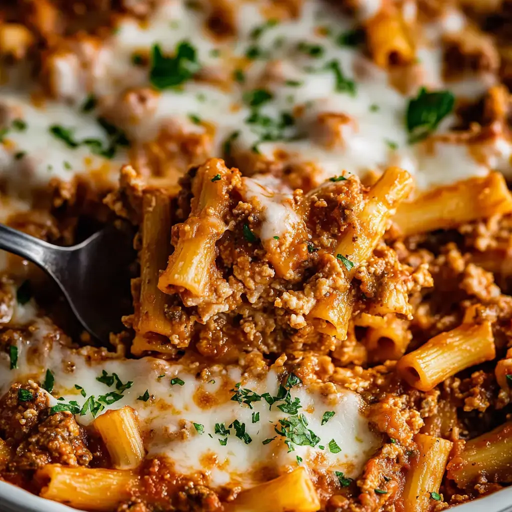 A serving of rigatoni pasta topped with meat sauce, melted cheese, and parsley, with a fork lifting some of the dish.