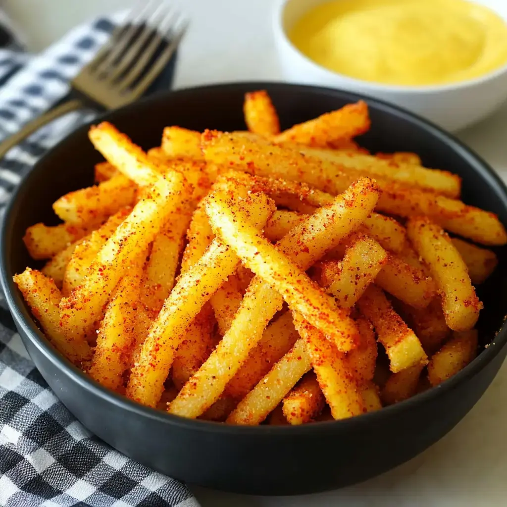 A bowl of seasoned French fries is displayed, accompanied by a small dish of yellow sauce.