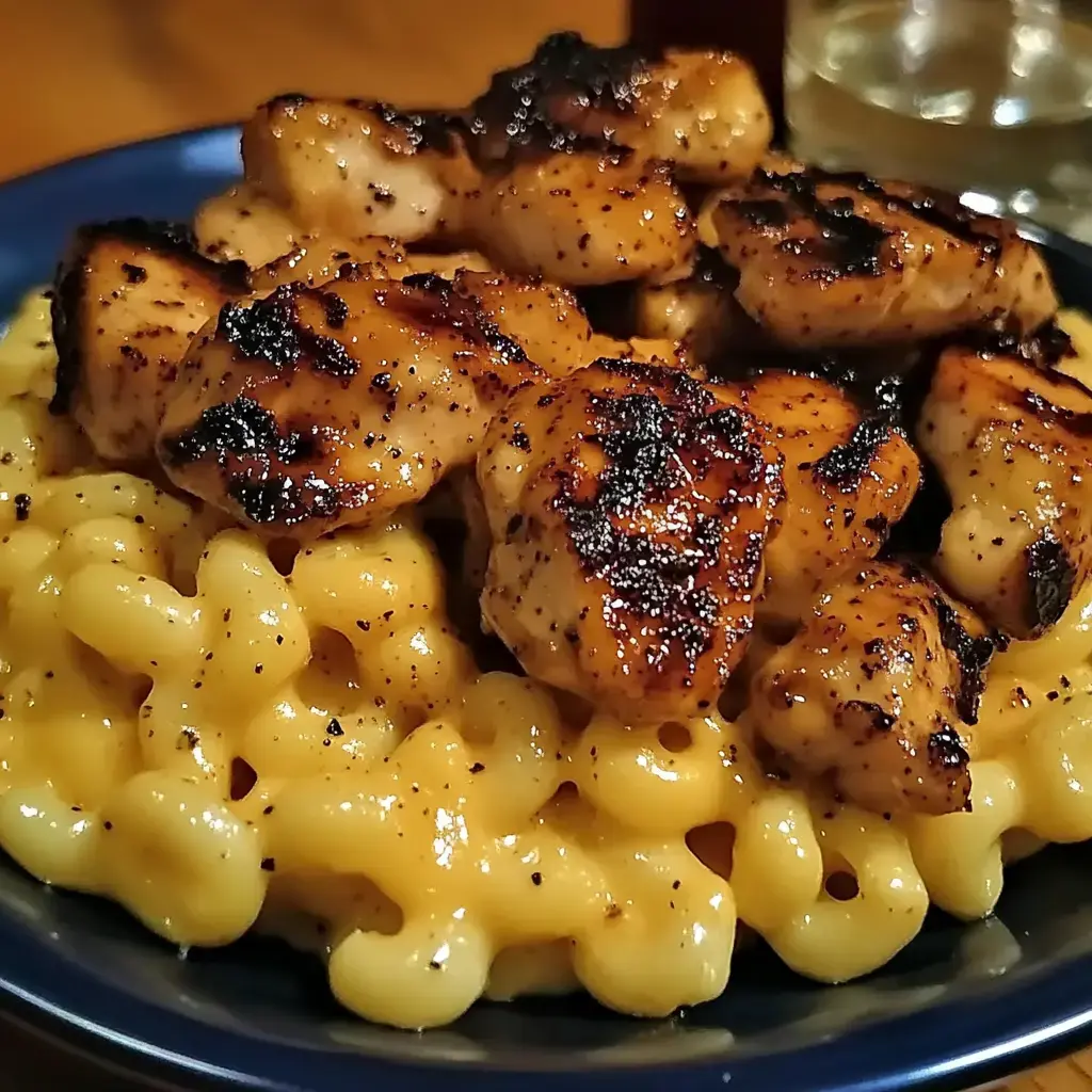 A plate of macaroni and cheese topped with grilled, seasoned chicken pieces.