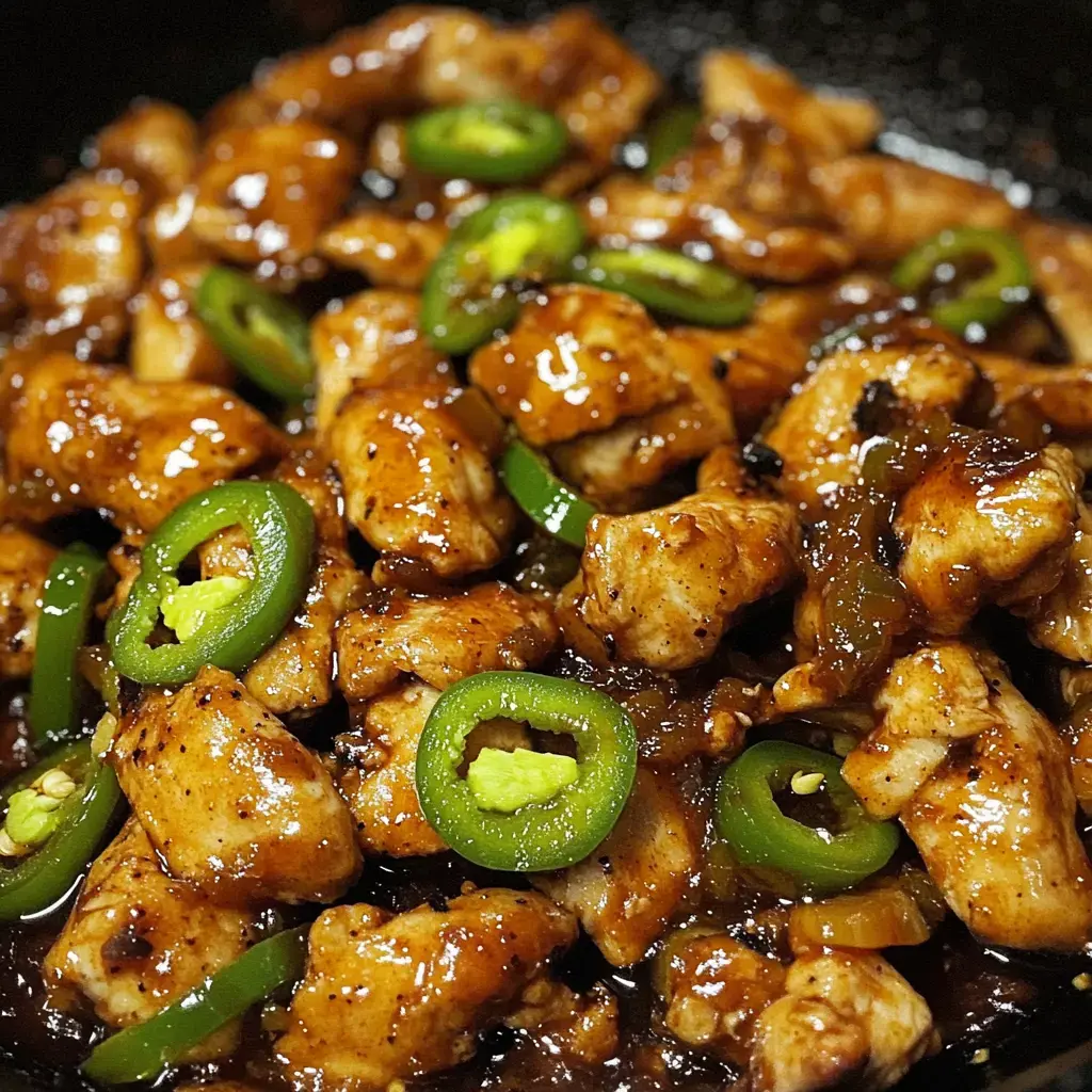 A close-up of diced chicken pieces in a glossy brown sauce, garnished with sliced green peppers.