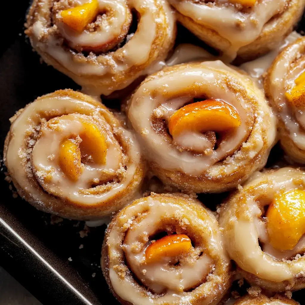 A close-up image of homemade cinnamon rolls topped with glaze and slices of peach.