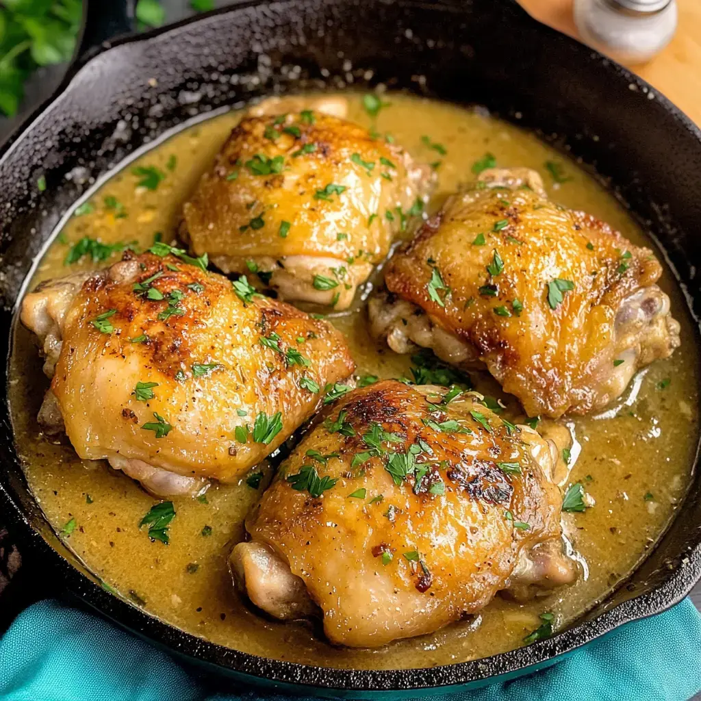 A cast iron skillet filled with four golden-brown chicken thighs garnished with fresh parsley, simmering in a flavorful sauce.