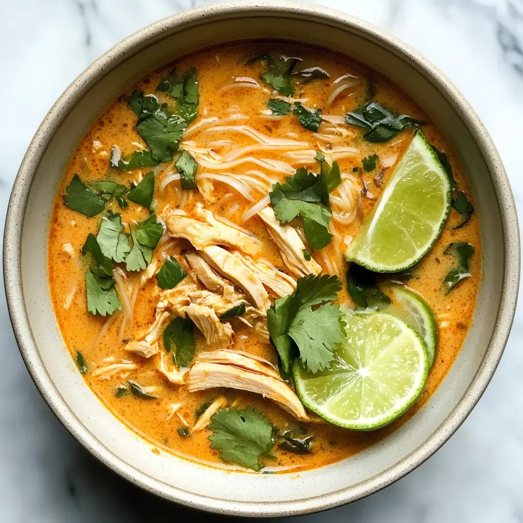 A bowl of creamy soup with shredded chicken, rice noodles, fresh cilantro, and lime wedges, set against a light marble background.