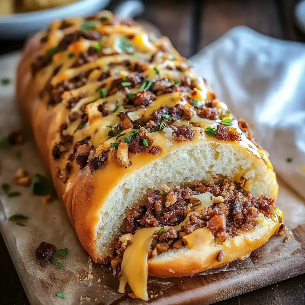 A close-up of a loaf of bread filled with a savory meat mixture, topped with melted cheese and garnished with chopped herbs.