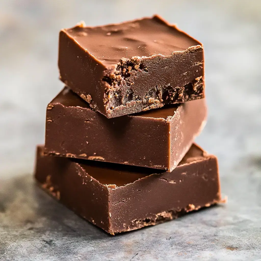 Three stacked pieces of chocolate fudge, one with a bite taken out, are set against a blurred background.