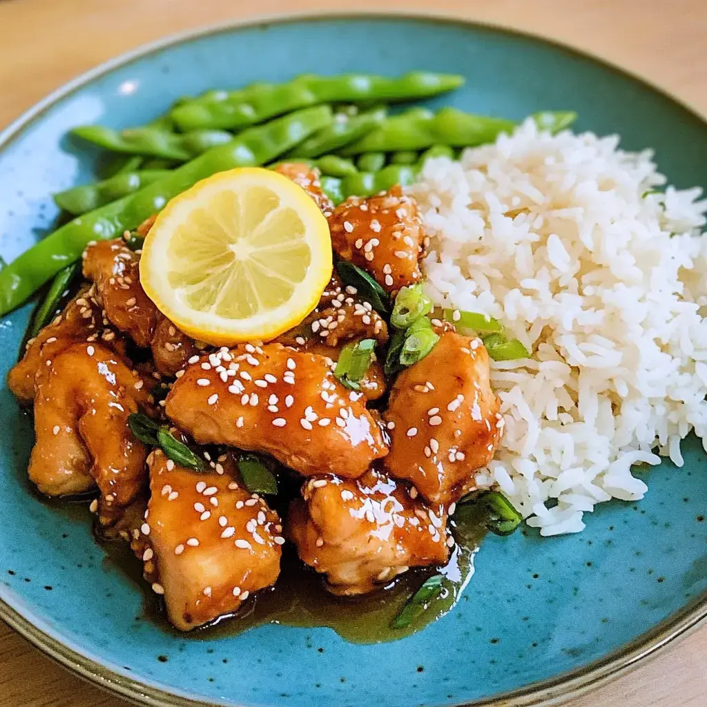 A blue plate holds a serving of sesame chicken topped with a lemon slice, accompanied by white rice and green beans.