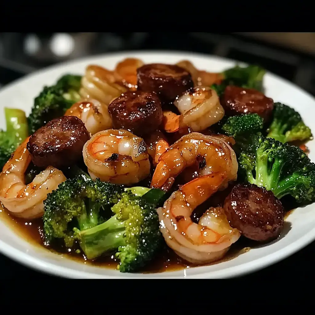 A plate of cooked shrimp and sausage served on a bed of broccoli with a savory sauce.