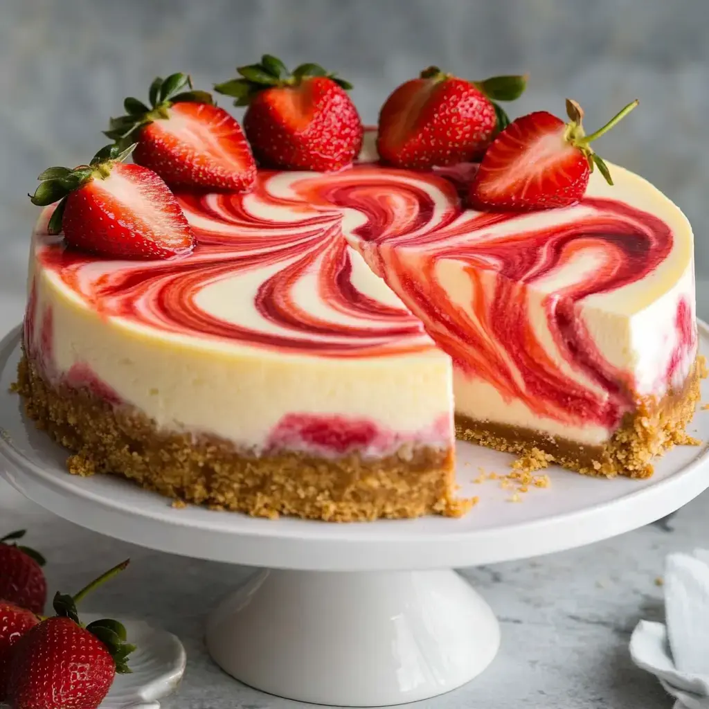 A beautifully sliced strawberry swirl cheesecake on a white cake stand, garnished with fresh strawberries on top.